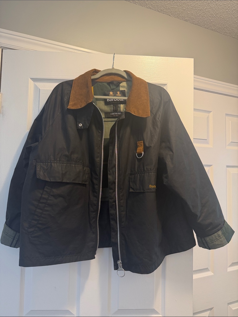 Barbour Waxed Cotton Jacket with Brown Corduroy Collar - Black